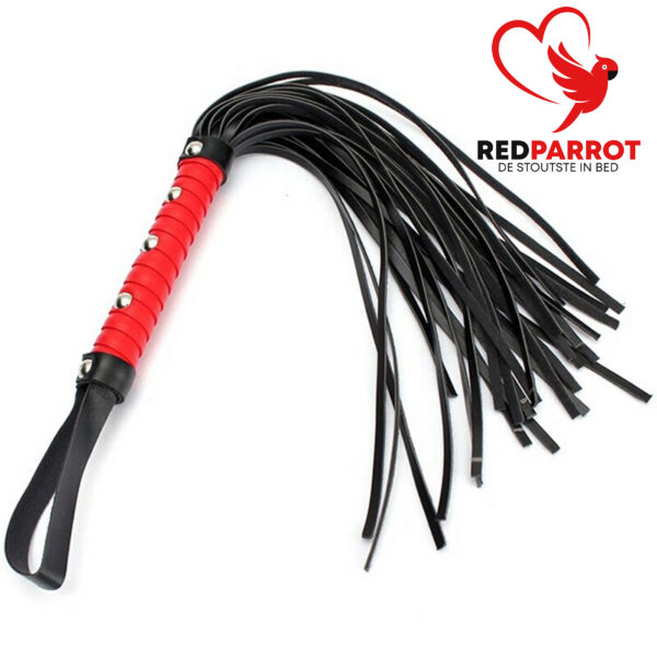 Lederen zweep met luxe handvat met lichtmetalen pinnen (zwart met rood)