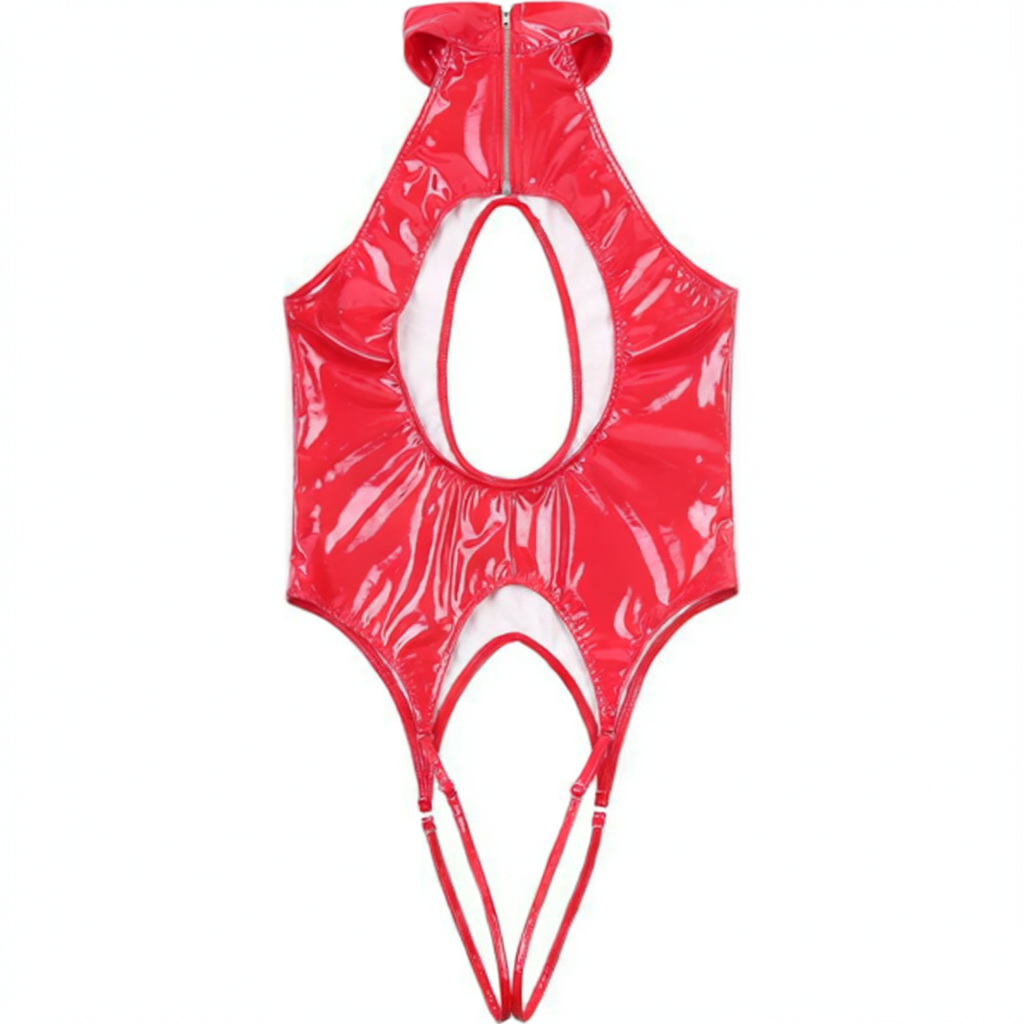 Uitgesneden latex wetlook jumpsuit - Afbeelding 3