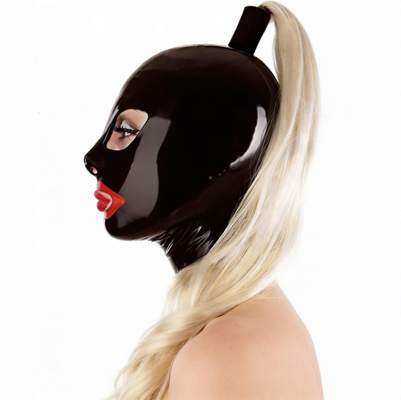 Fetisj latex masker met blonde staart - Afbeelding 2