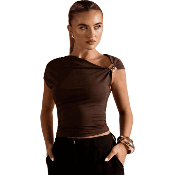 Aansluitend Shirt met One Shoulder Gouden Afwerking