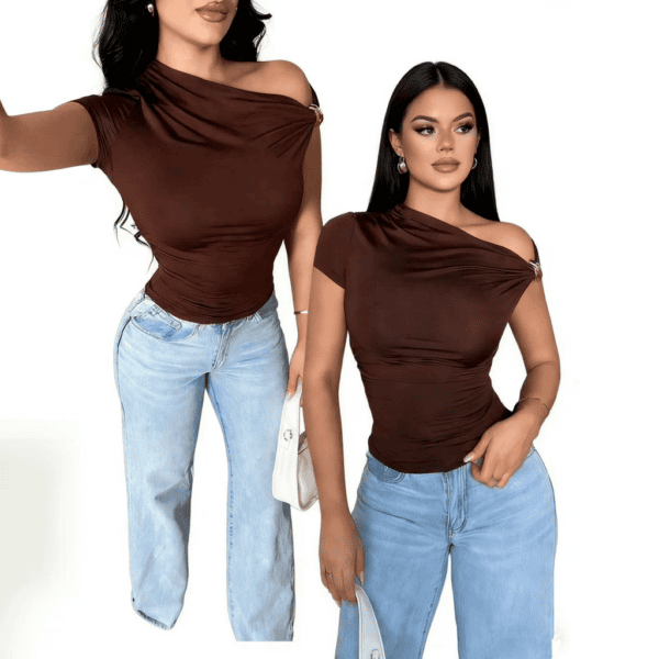 Aansluitend Shirt met One Shoulder Gouden Afwerking - Afbeelding 3